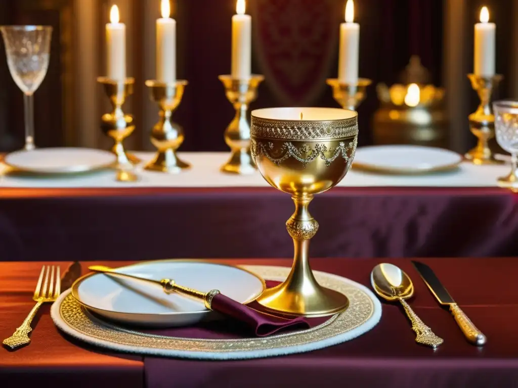 Una copa dorada llena de vino tinto reposa en un lujoso banquete mongol, rodeada de plata y joyas