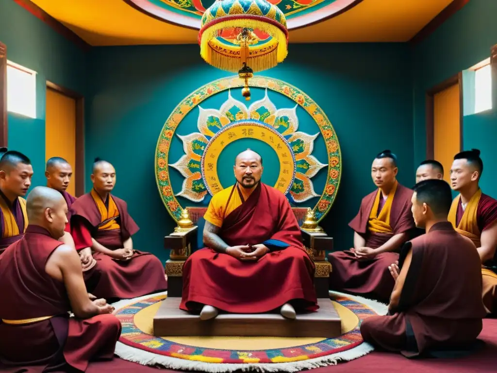 Kublai Khan en su corte rodeado de monjes budistas tibetanos, creando una atmósfera espiritual y ceremonial