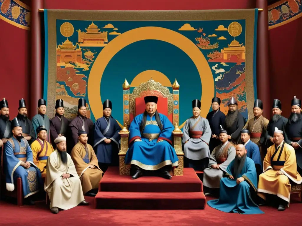 Cuadro del Imperio Mongol: Kublai Khan en su trono rodeado de consejeros, guerreros y diplomáticos de todo el mundo, en su visión de conquista global