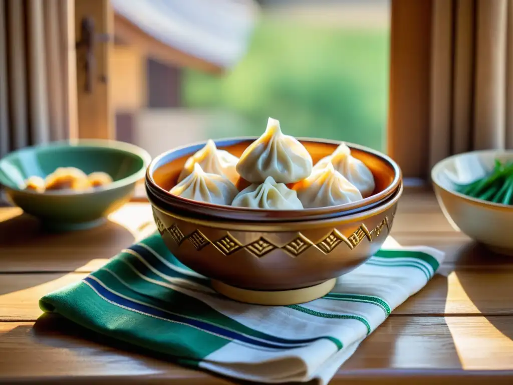 Un cuenco de cerámica lleno de buuz (dumplings mongoles) reposa en una mesa de madera rústica, rodeado de textiles tradicionales vibrantes