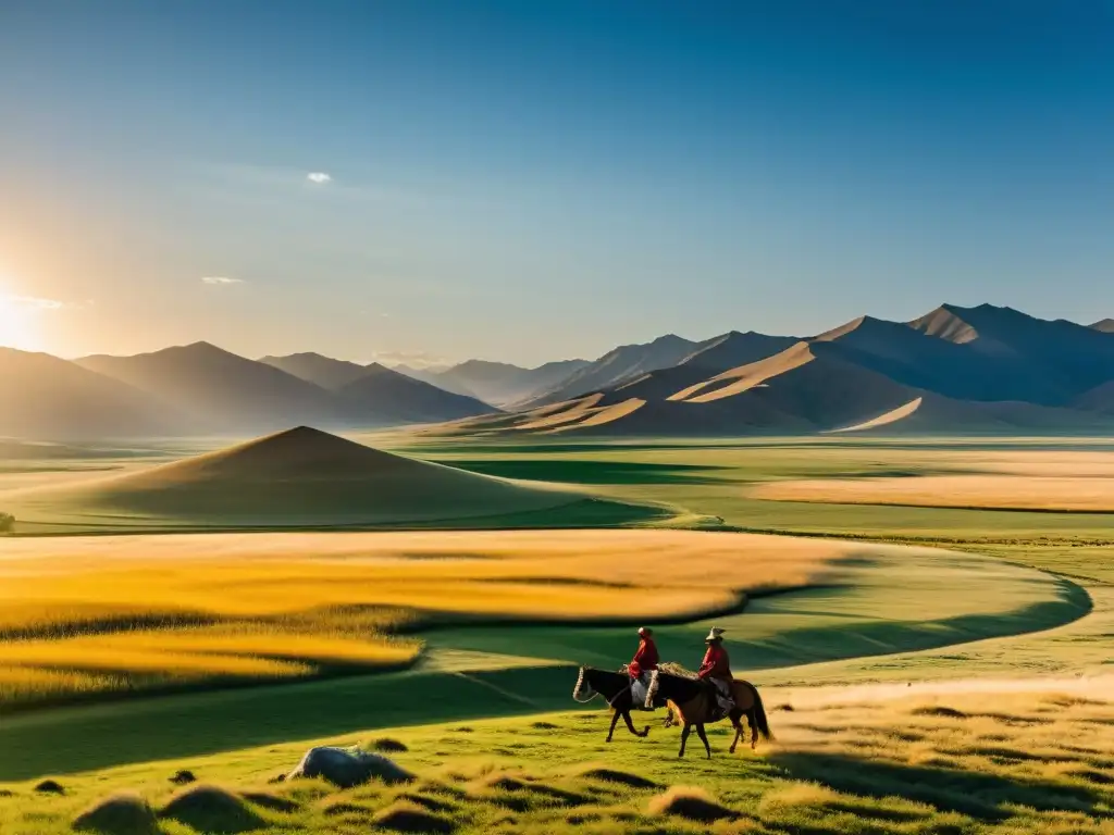 Propagación de cultivos por mongoles en la vasta estepa mongola, con agricultores tradicionales y montañas distantes bajo la luz dorada del sol