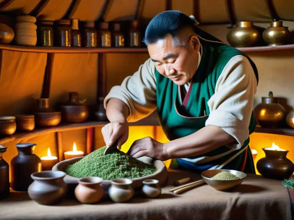 Un curandero tradicional mongol mezcla hierbas en una yurta iluminada por una vela, evocando misterio y sabiduría ancestral