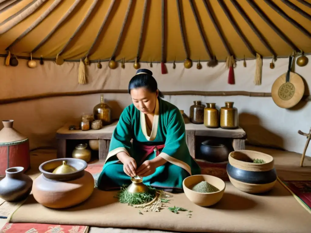 Un curandero tradicional mongol prepara remedios herbales en una yurta, rodeado de hierbas secas y huesos de animales