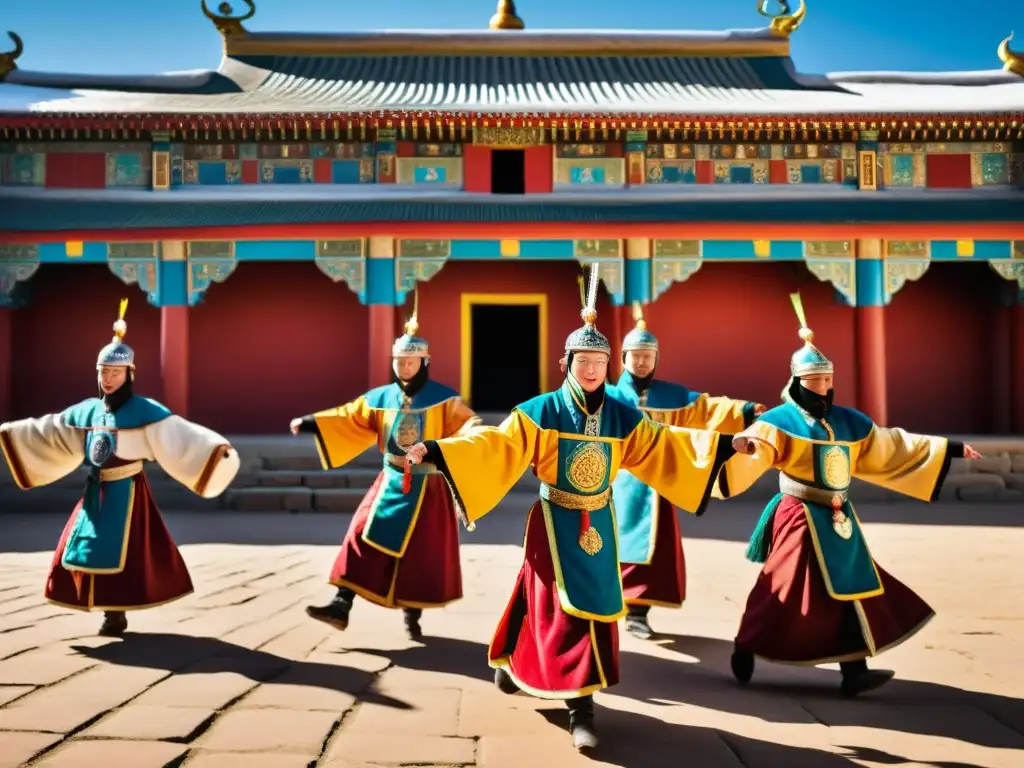 Danza del Tsam en Mongolia: Grupo de bailarines en trajes vibrantes y máscaras ejecutando la danza tradicional frente a un monasterio