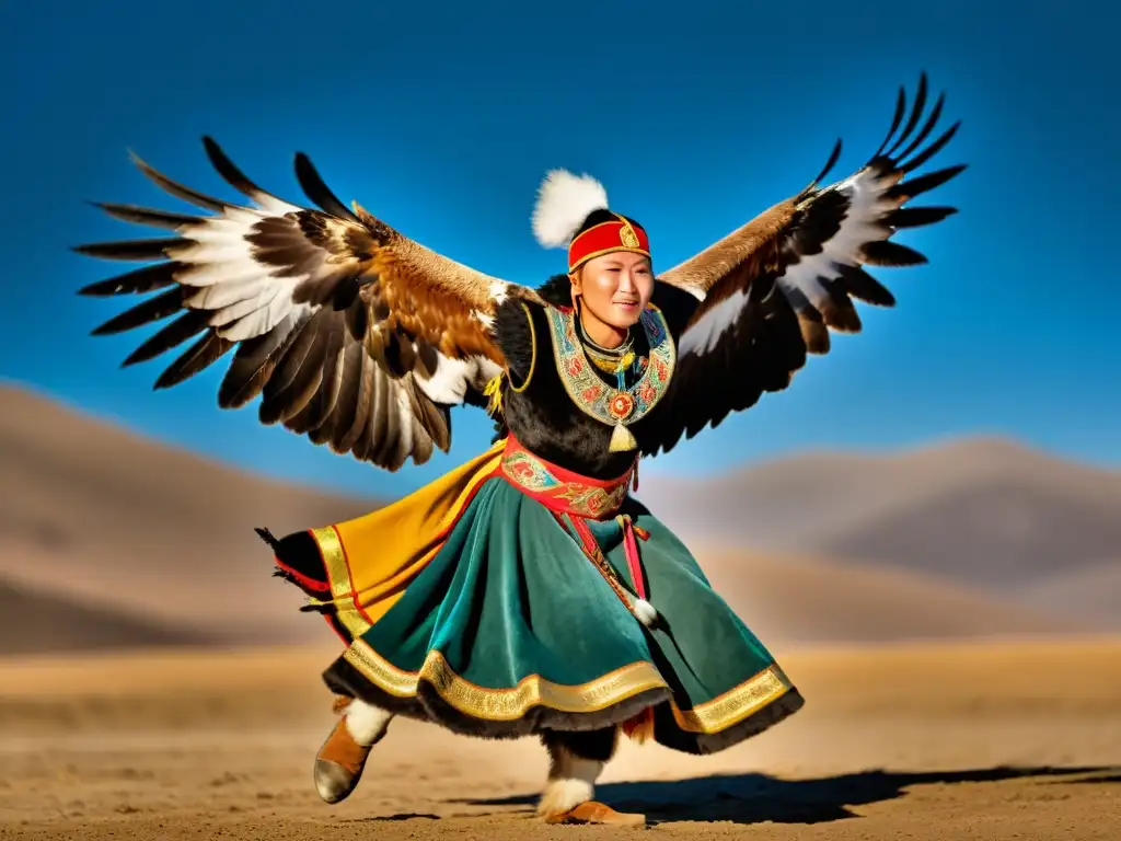 Fotografía de alta resolución de una danza tradicional de Mongolia con un experto intérprete y un majestuoso águila dorada