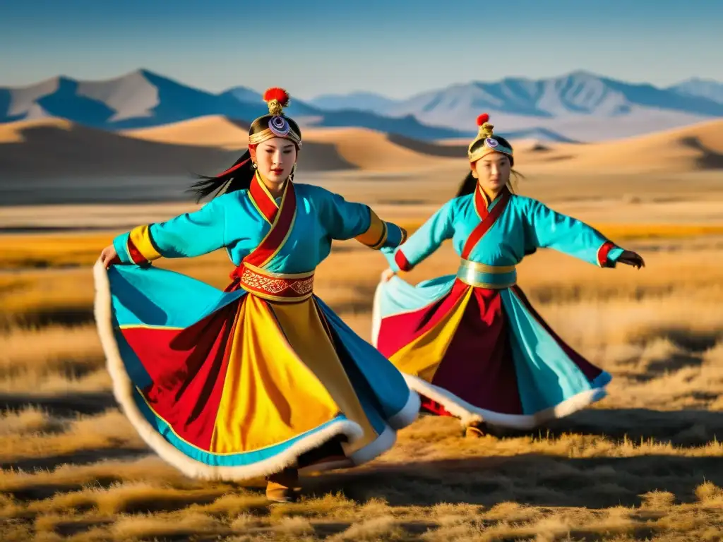 Danzarines tradicionales mongolas ejecutando movimientos expresivos en la vasta estepa, con trajes coloridos, bajo una cálida luz dorada