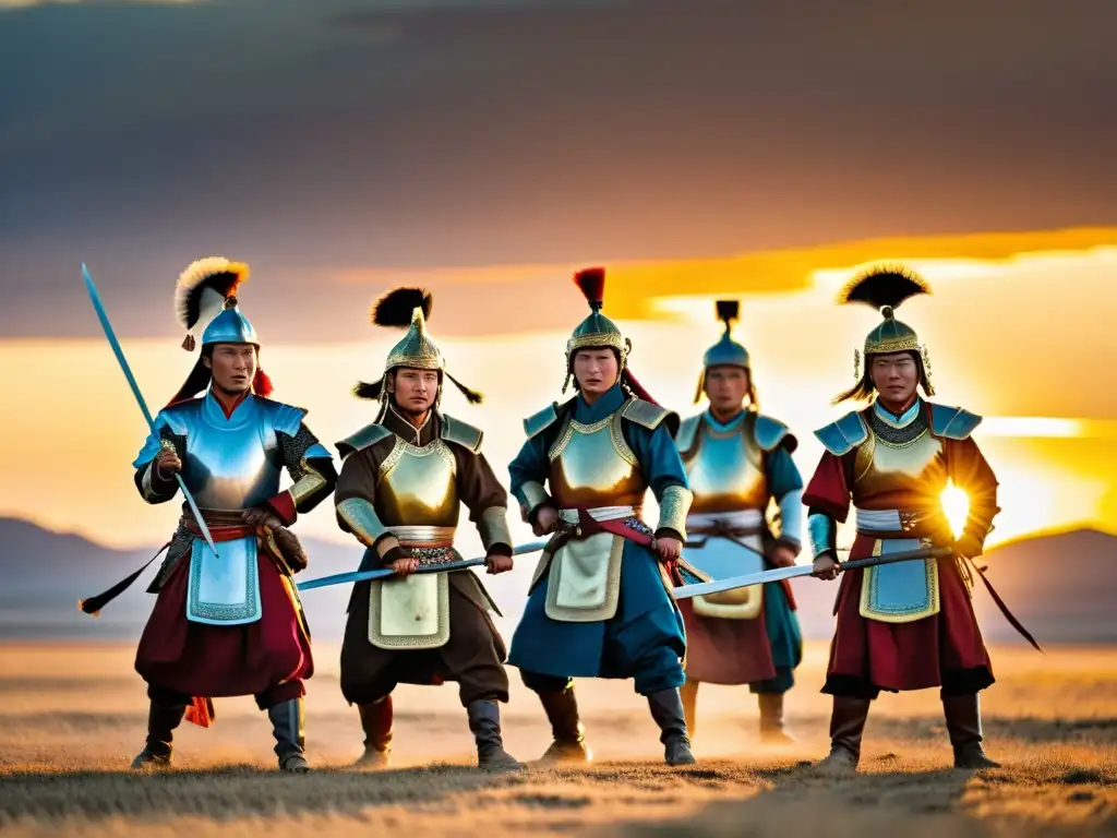 Danzas guerreras mongolas tradición: Guerreros mongoles realizan danza de guerra al atardecer en la vasta llanura, irradiando fuerza y honor