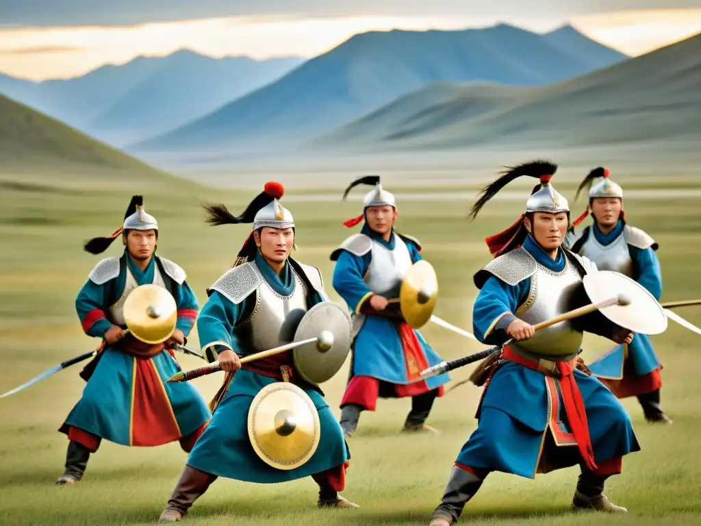 Danzas guerreras mongolas tradición: Grupo de guerreros ejecutan una danza dinámica en las vastas estepas, con expresiones fieras y movimientos precisos