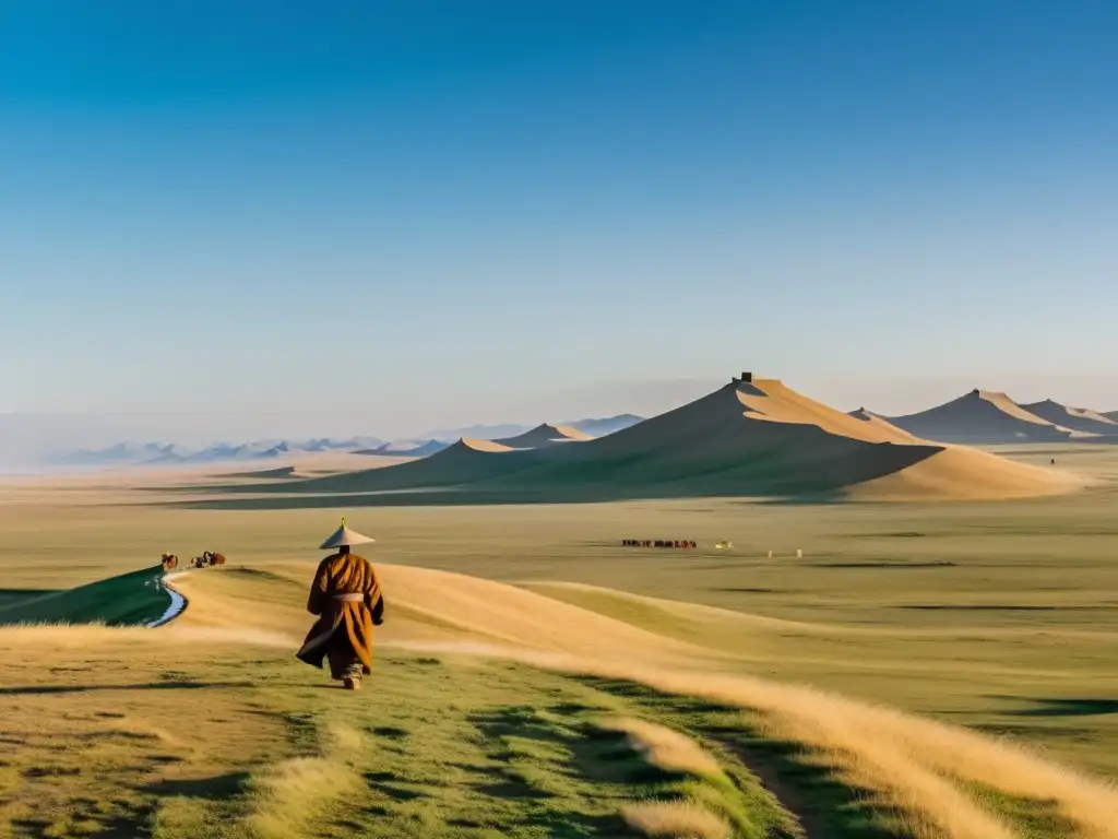 Un Darugachi solitario observa la vasta estepa mongola, destacando su rol en el Imperio Mongol como administrador y comerciante