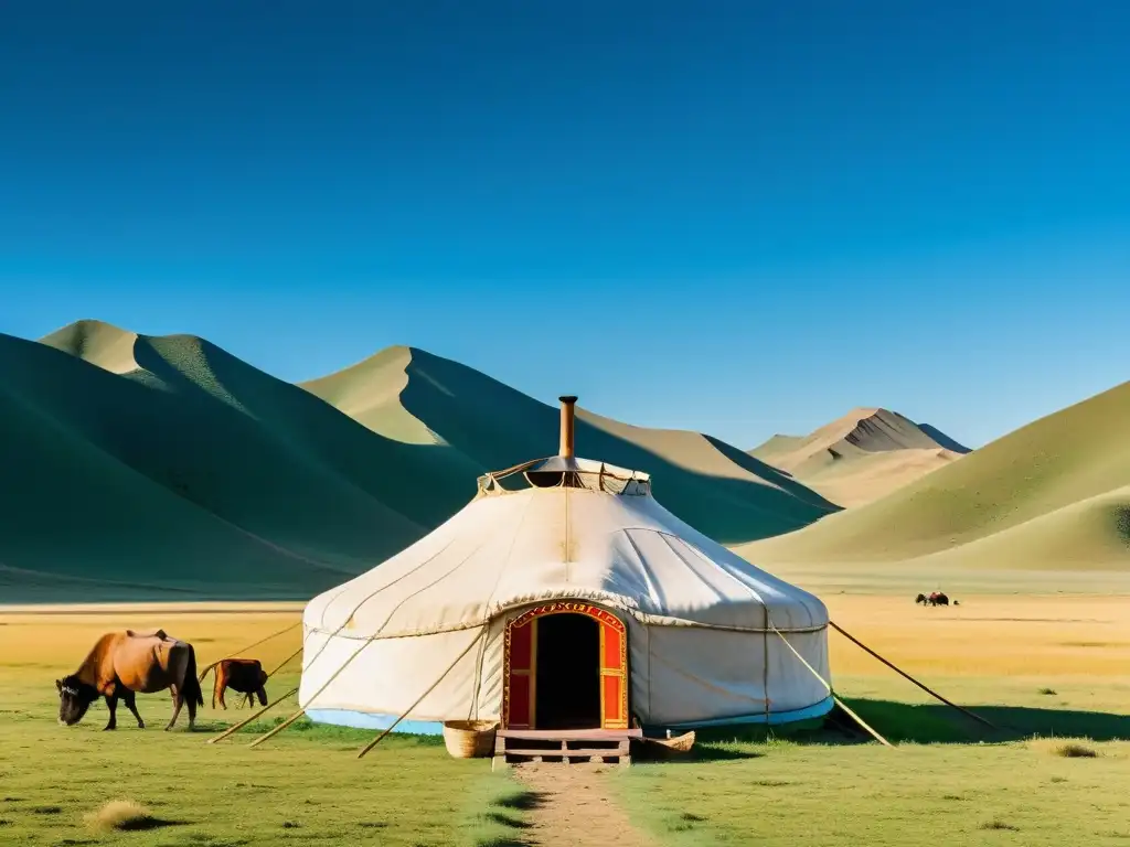 Una yurta mongola bellamente decorada destaca en la estepa bajo un cielo azul claro, mostrando la rica herencia cultural del pueblo mongol