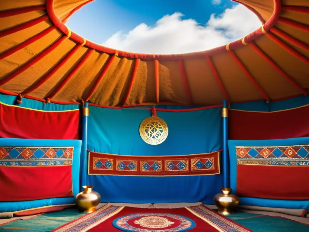 Yurta mongola decorada con colores vibrantes, reflejando la historia y cultura del Imperio Mongol en la estepa