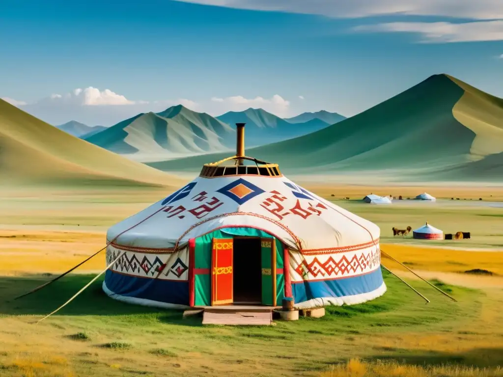 Una yurta mongola decorada con patrones coloridos, en la vasta estepa de Mongolia