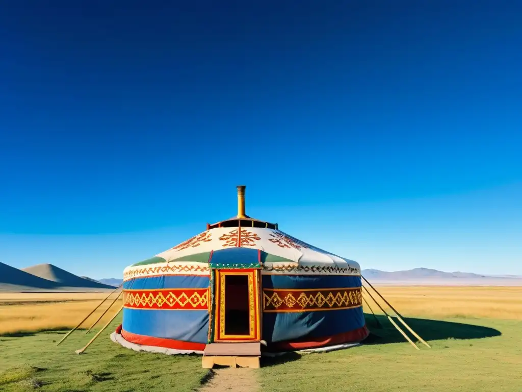 Una yurta mongola ricamente decorada en la vasta estepa mongola, con pastores nómadas y su ganado en el horizonte