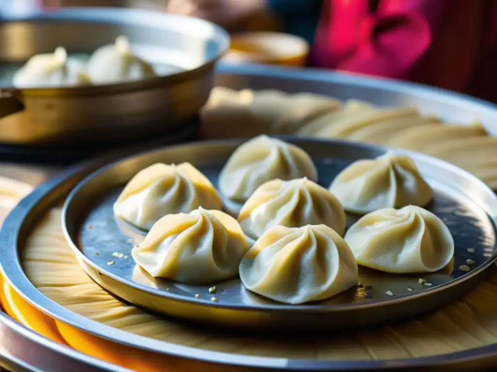 Deliciosos dumplings tradicionales de Mongolia en un bullicioso mercado, con detalles y texturas que despiertan los sentidos