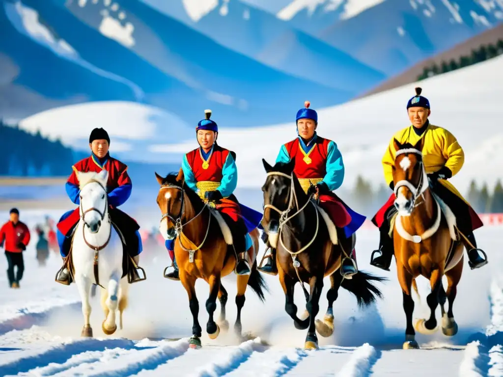 Deportes tradicionales en Mongolia: Atletas montando caballos en un desafiante circuito de invierno, con montañas nevadas al fondo