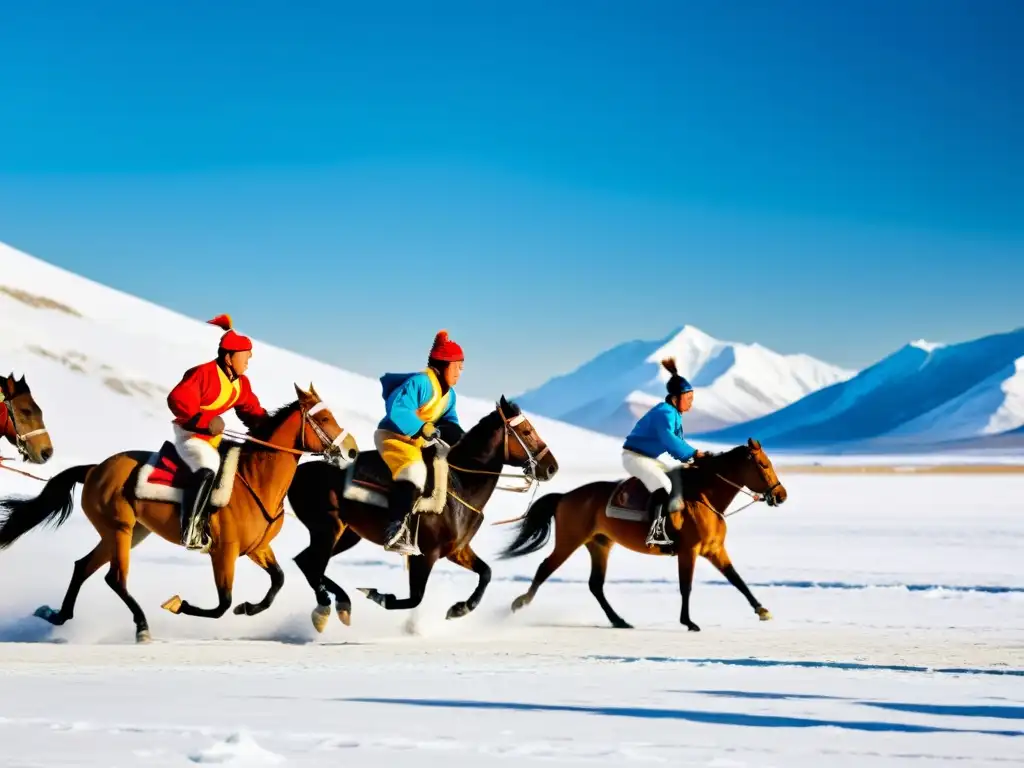 Deportes tradicionales en Mongolia: Atletas compitiendo en invierno en la estepa nevada, vistiendo trajes tradicionales