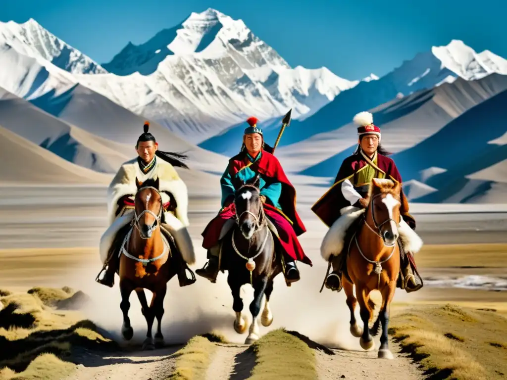 Descendientes de Genghis Khan en traje tradicional montando a caballo en el paisaje tibetano