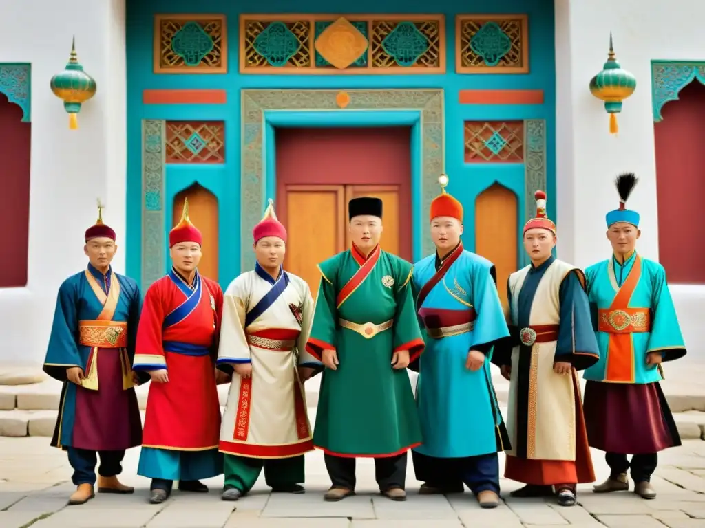 Descendientes de Genghis Khan en trajes tradicionales frente a una mezquita histórica, celebrando el legado de Genghis Khan en el Islam