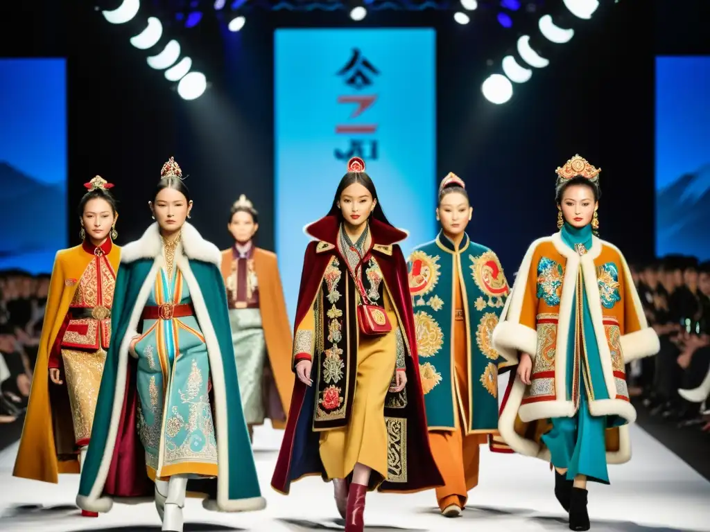 Desfile de moda de alta inspiración mongola, con modelos luciendo lujosos abrigos y capas de invierno