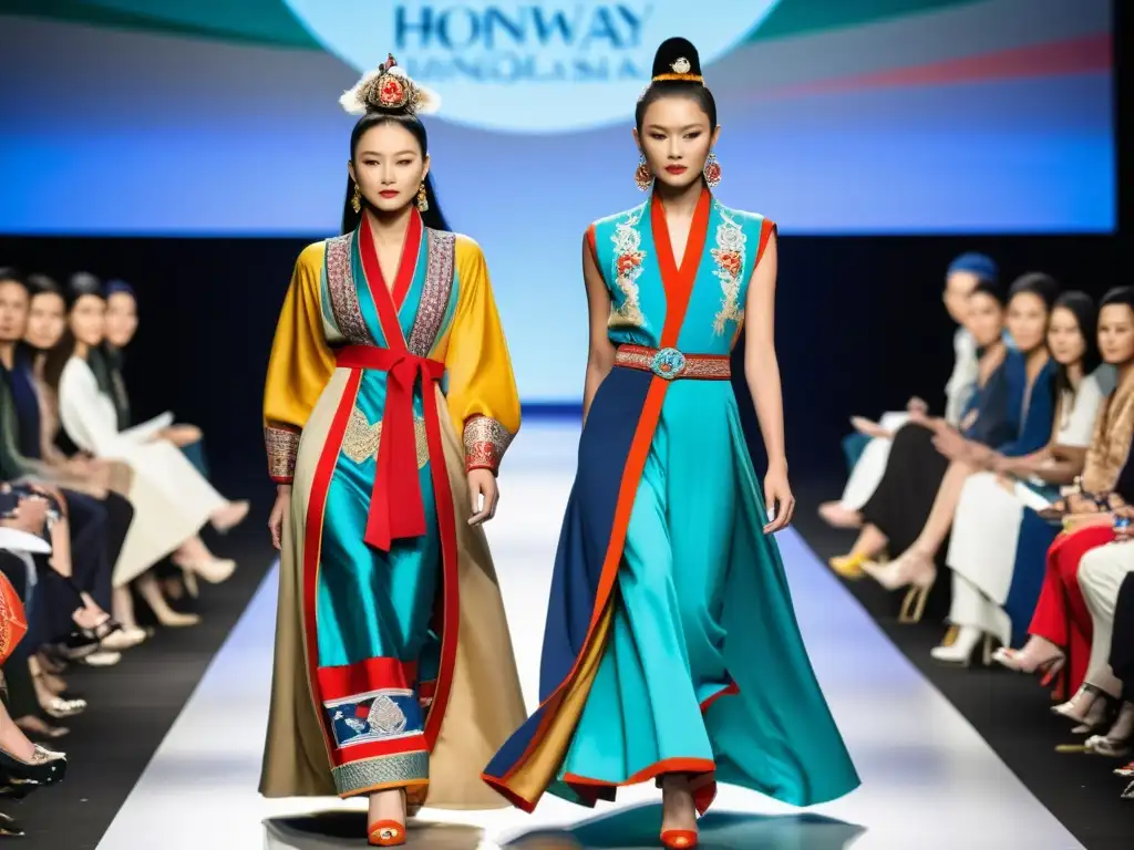 Desfile de moda contemporánea con influencia del vestuario mongol y tendencias actuales, modelos lucen prendas vibrantes y detalles tradicionales