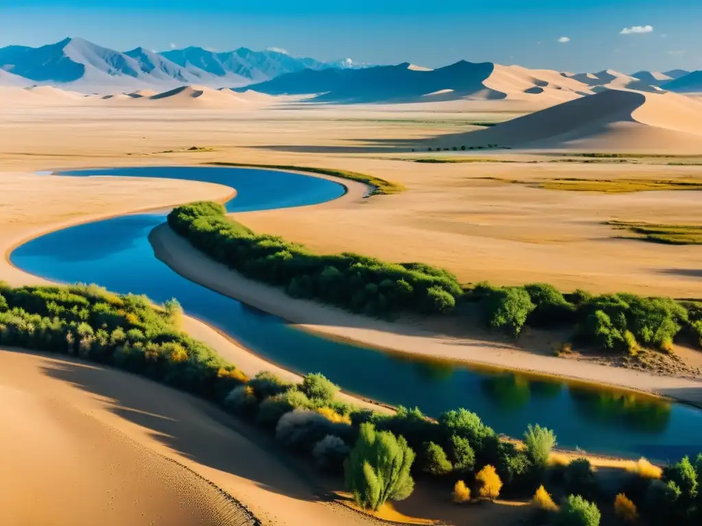 Desierto de Mongolia con río serpenteante, yurta y árboles