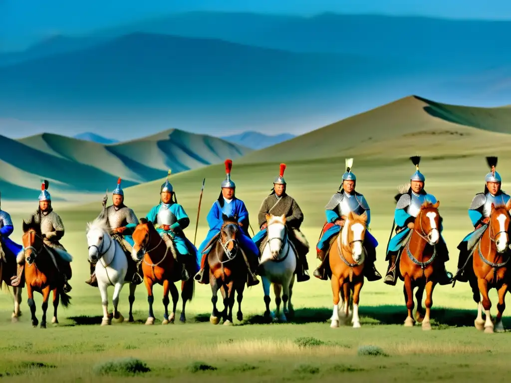 Deslumbrante paisaje mongol con guerreros a caballo demostrando tácticas ejército mongol Asia en un entrenamiento feroz