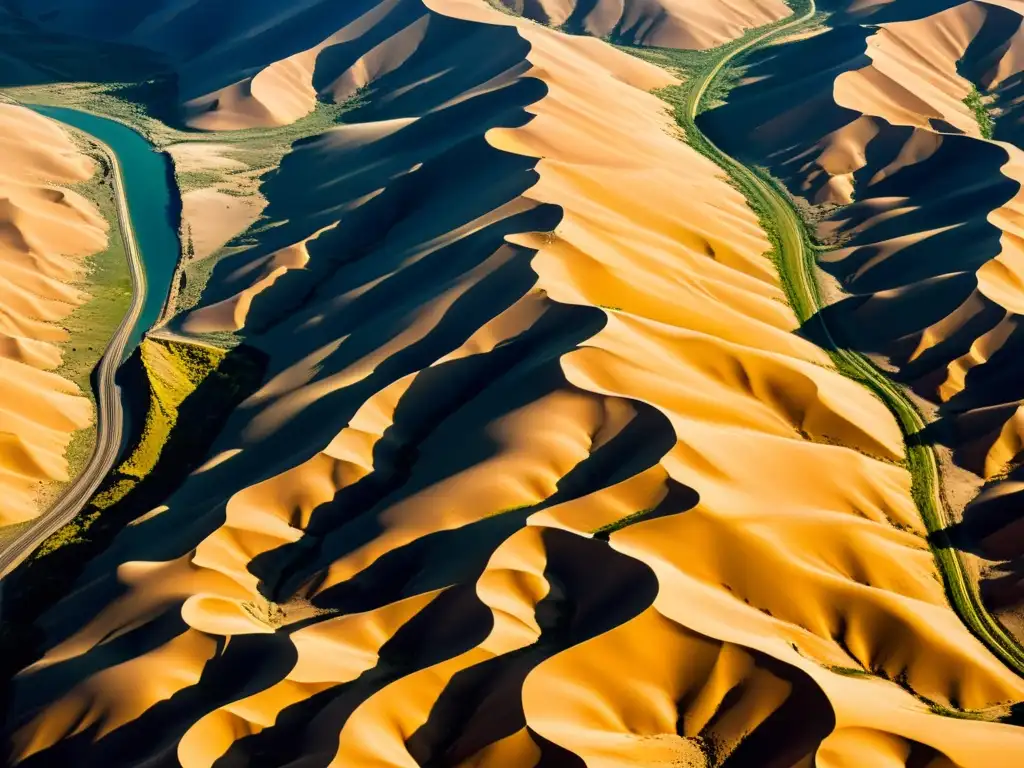 Deslumbrante vista aérea del vasto y agreste desierto del Gobi, con patrones de dunas, rocas y vegetación escasa