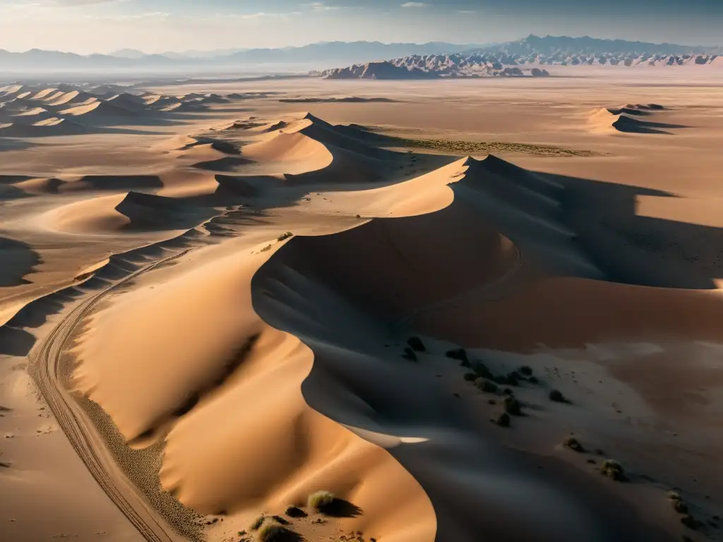 Desolado paisaje desértico con ruinas de antiguos campamentos mongoles, reflejando el impacto ambiental de las campañas en Medio Oriente