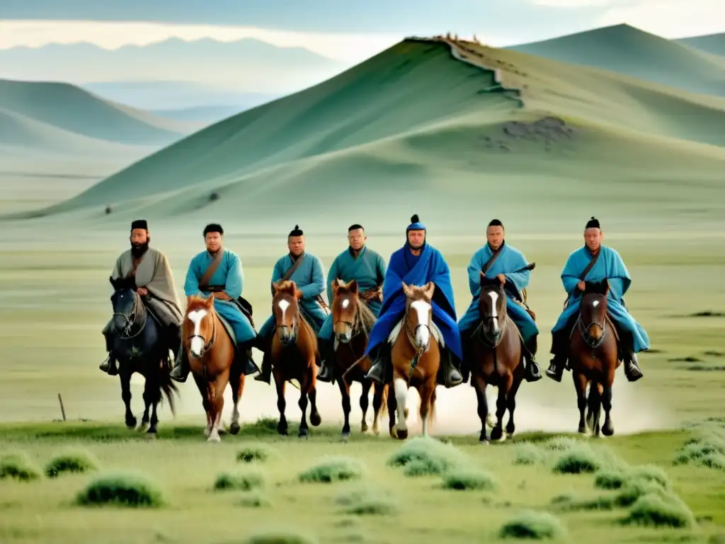 Destino prisioneros europeos imperio mongol: Prisioneros europeos en paisaje mongol, custodiados por guardias a caballo en un ambiente ominoso