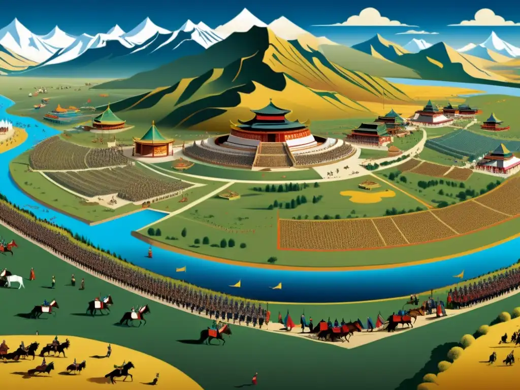 Detallada ilustración del apogeo del Imperio Mongol, destacando la diplomacia como estrategia de expansión y diversidad cultural