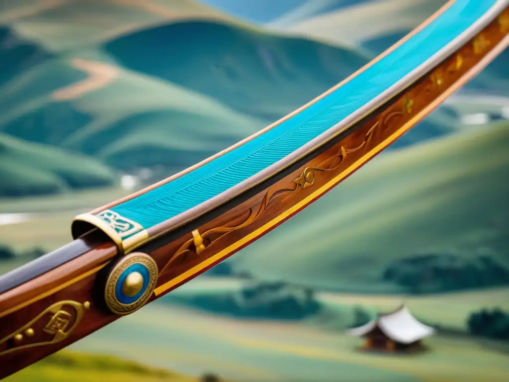 Arco compuesto mongol: artesanía ancestral y paisajes épicos Réplica detallada de arco compuesto mongol con innovaciones armas guerra mongola, resaltando artesanía en paisaje histórico