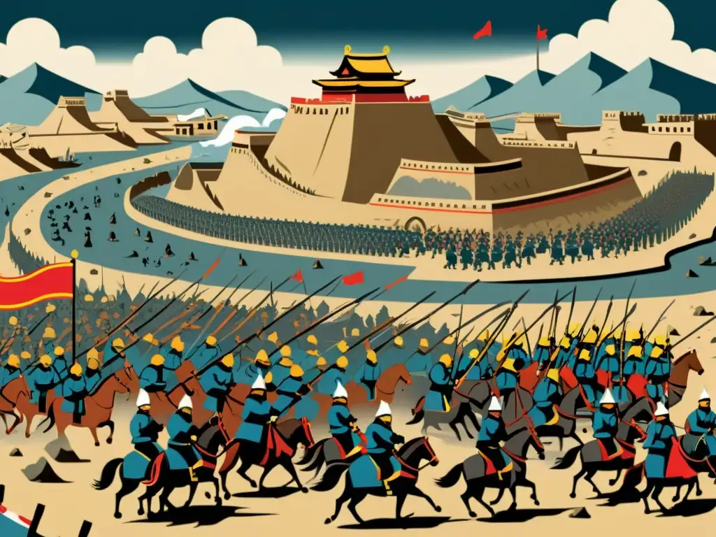 Ilustración detallada de un asedio mongol a una ciudad, mostrando la devastación y las consecuencias de la destrucción mongola