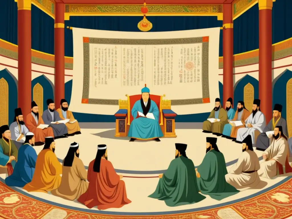 Ilustración detallada de Genghis Khan y sus consejeros debatiendo el Yassa y otros códigos legales en un gran salón