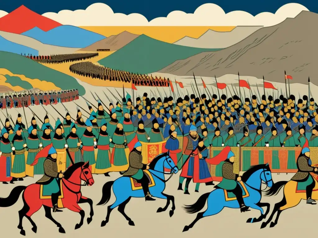 Ilustración detallada del declive del Imperio Mongol, con batallas clave, líderes y caos político