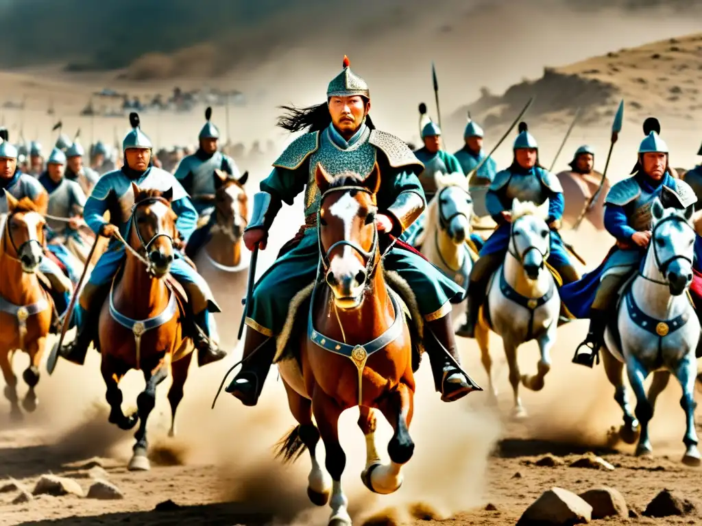 Ilustración detallada de Genghis Khan liderando su ejército en batalla, con guerreros mongoles a caballo, armadura tradicional y determinación feroz