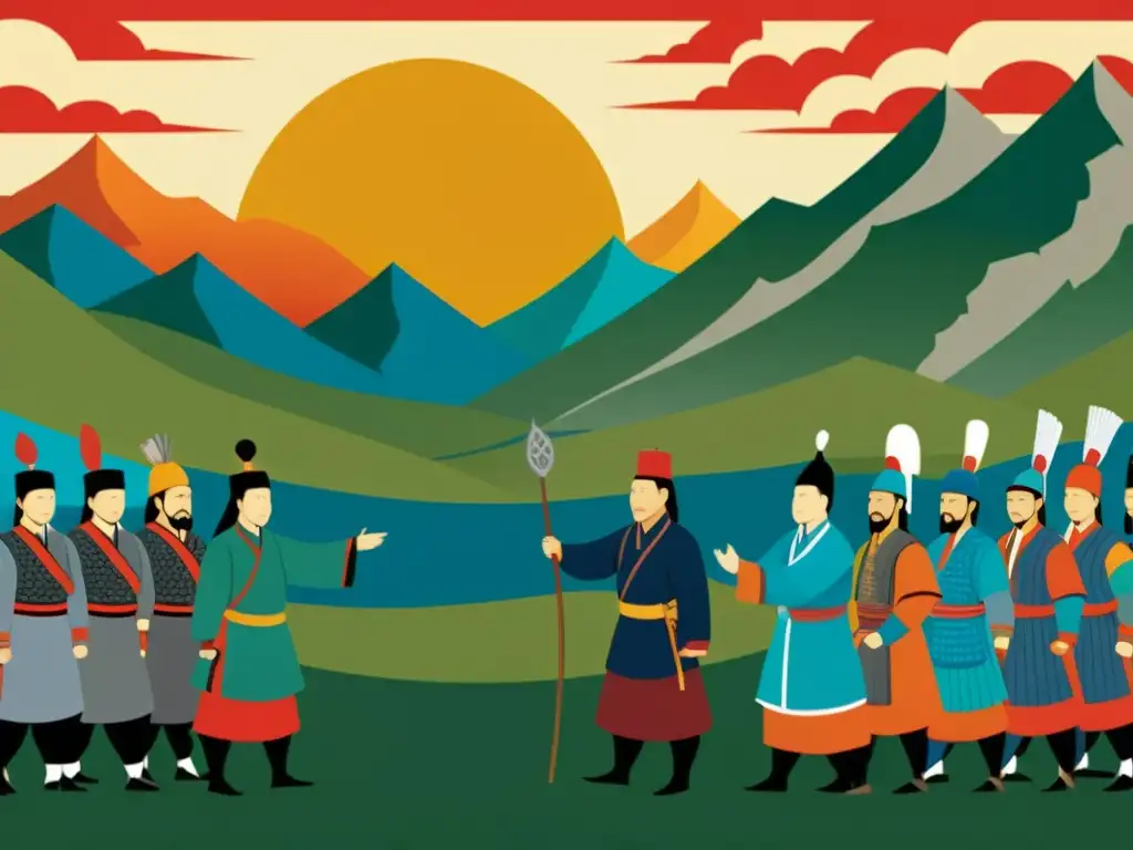 Ilustración detallada de un encuentro histórico entre líderes mongoles y europeos, con paisajes diversos de fondo