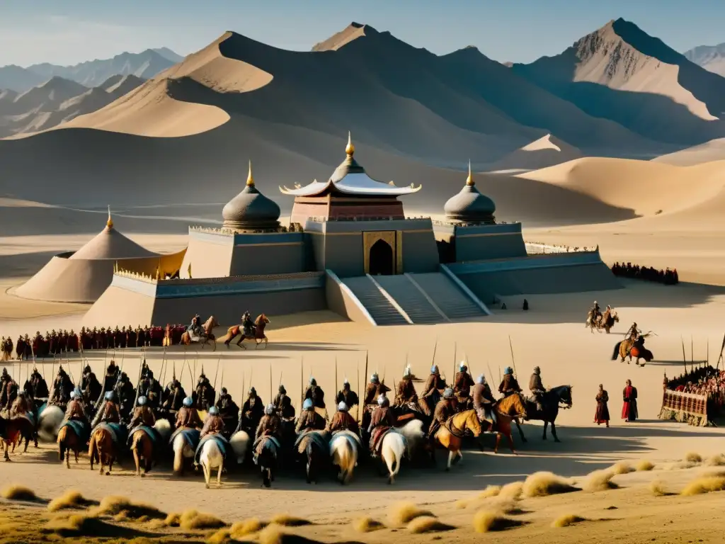 Recreación detallada de una escena de película de Genghis Khan con actores en trajes de época y un impresionante paisaje