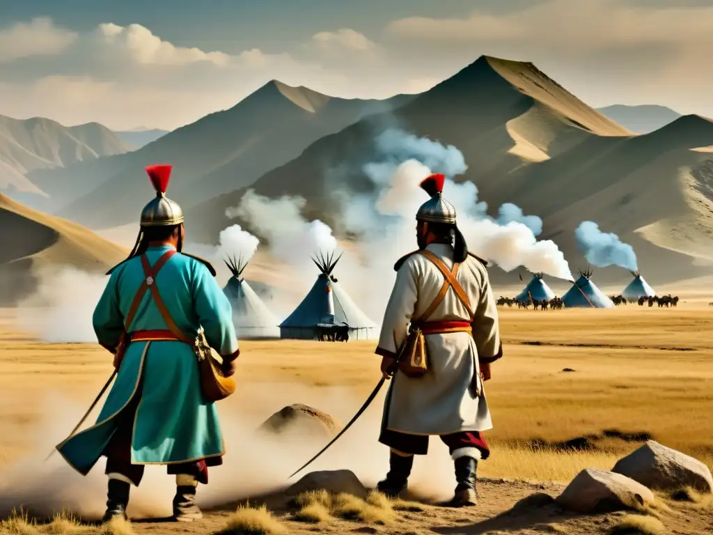 Ilustración detallada de espías de Genghis Khan en vestimenta mongol, camuflados en el paisaje, usando técnicas avanzadas de señalización