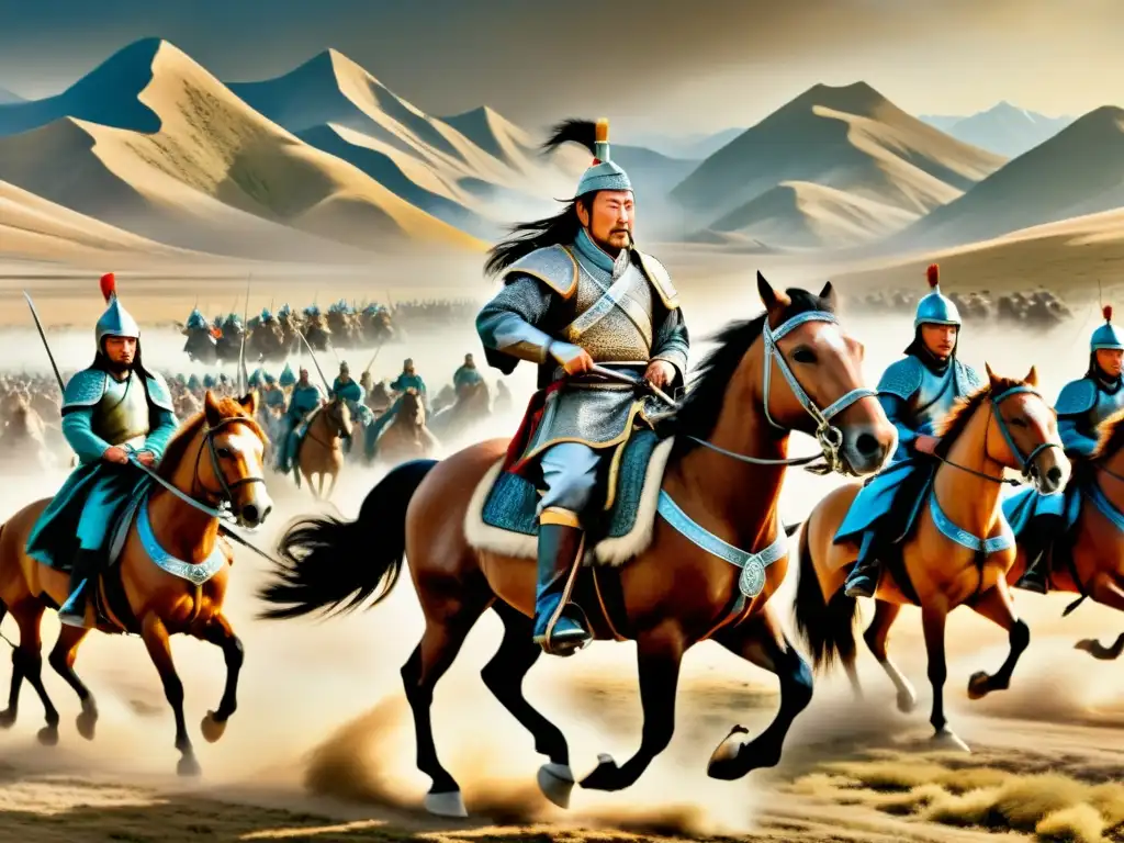 Recreación detallada de Genghis Khan liderando estrategias militares de expansión del Imperio Mongol a caballo, en medio de un paisaje épico