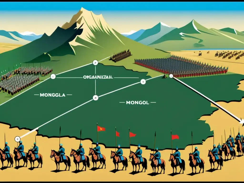 Ilustración detallada de la estructura organizativa del ejército mongol, con secciones etiquetadas para arqueros, caballería, infantería y jerarquía de mando