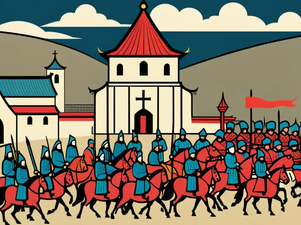 Ilustración detallada de una iglesia medieval con una invasión mongola de fondo, mostrando la respuesta religiosa a la amenaza