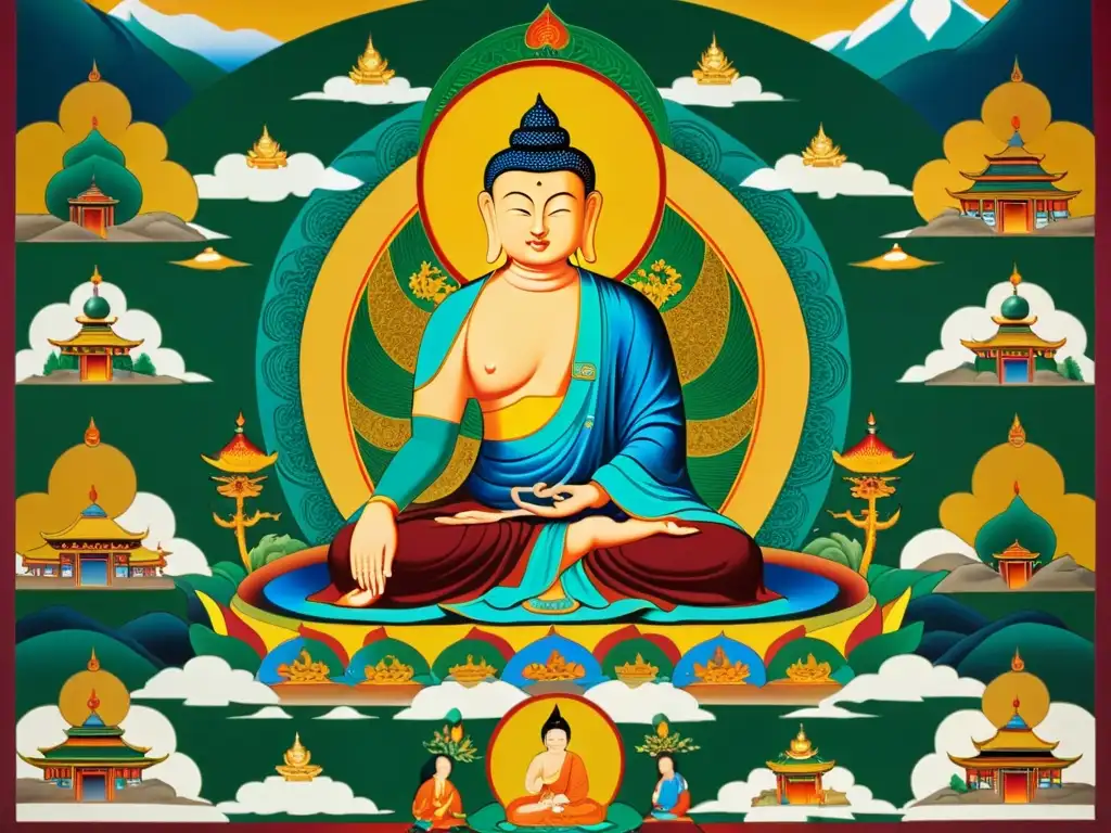 Una detallada imagen en 8k de un bello thangka budista mongol, mostrando escenas de la vida de Buda y motivos tradicionales