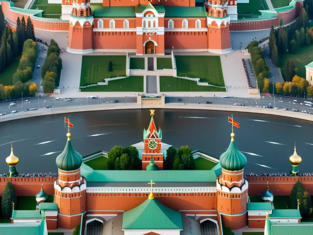 Detallada imagen del complejo del Kremlin de Moscú, capturando la grandiosidad y la evolución histórica de la transición de poder en Rusia postmongola