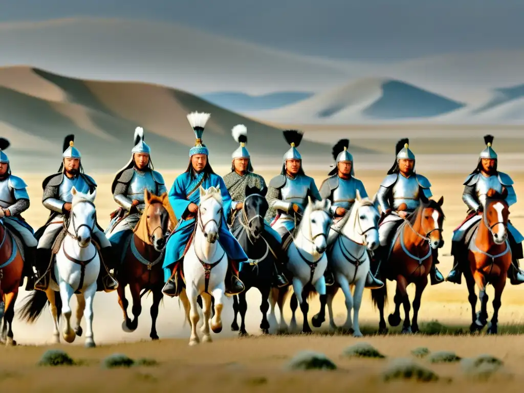 Detallada imagen 8k del ejército de Genghis Khan cabalgando por la vasta estepa, mostrando la moda y vestuario del Imperio Mongol