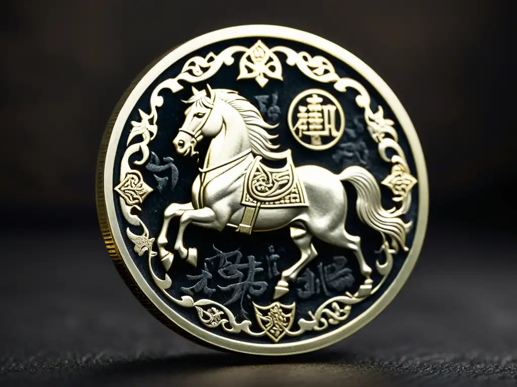 Detallada imagen de una moneda de plata del Imperio Mongol en circulación, con grabados de un caballo galopante y escritura tradicional mongola