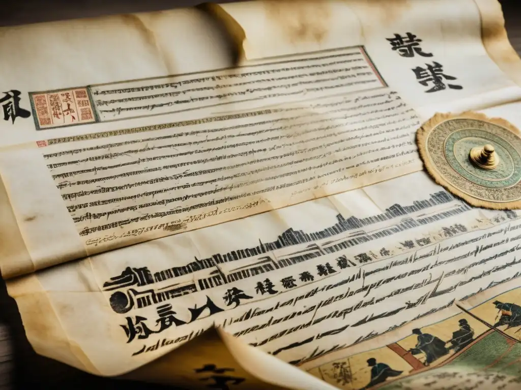 Detallada imagen de un pergamino antiguo con escritura mongola y batallas históricas, reflejando la historia del Imperio Mongol