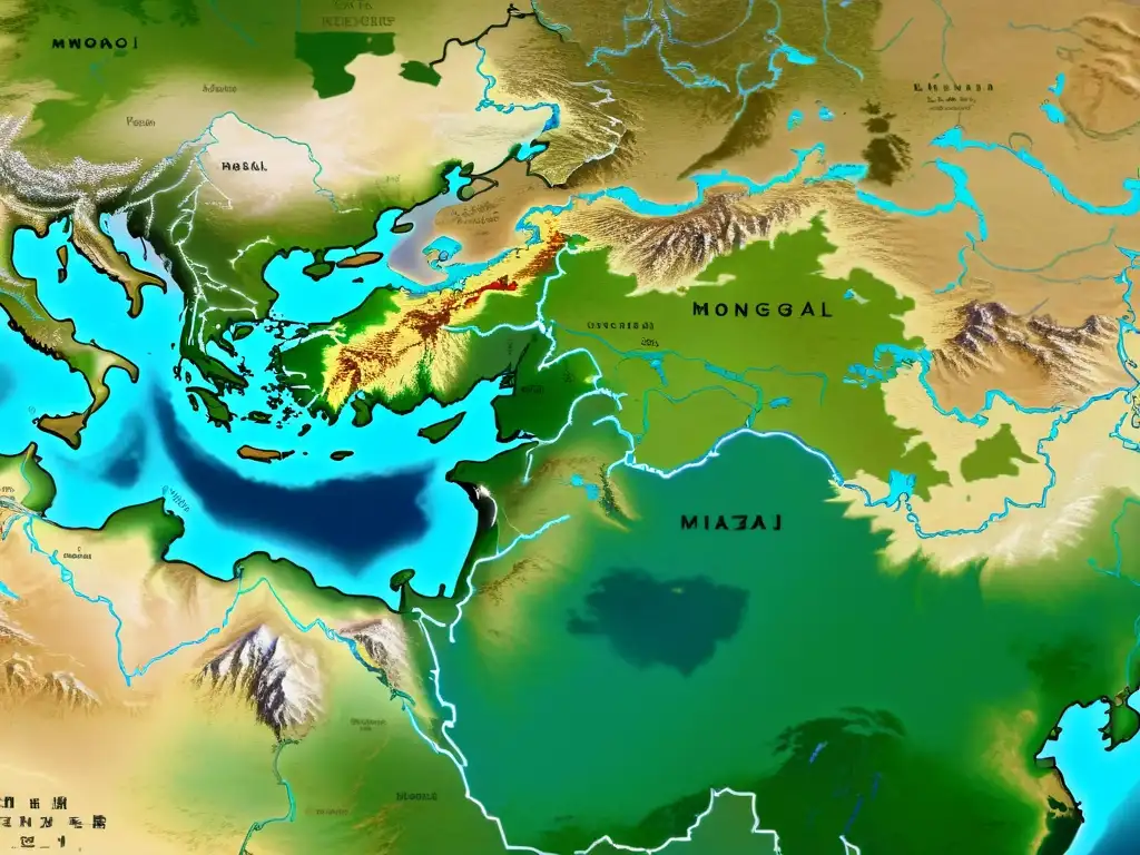 Detallada imagen satelital del vasto Imperio Mongol, resaltando estrategias geográficas