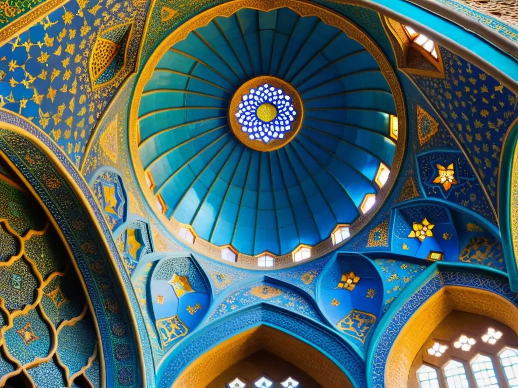 Detallada influencia arquitectura mongola en el Medio Oriente: Mezquita Azul de Tabriz, Irán, con patrones y colores vibrantes