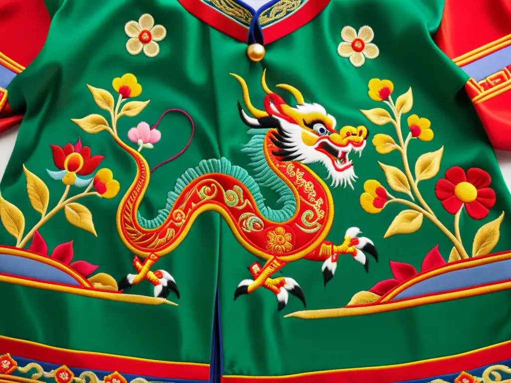 Detallada influencia de la moda china en la vestimenta tradicional mongola, con bordados de dragones y peonías