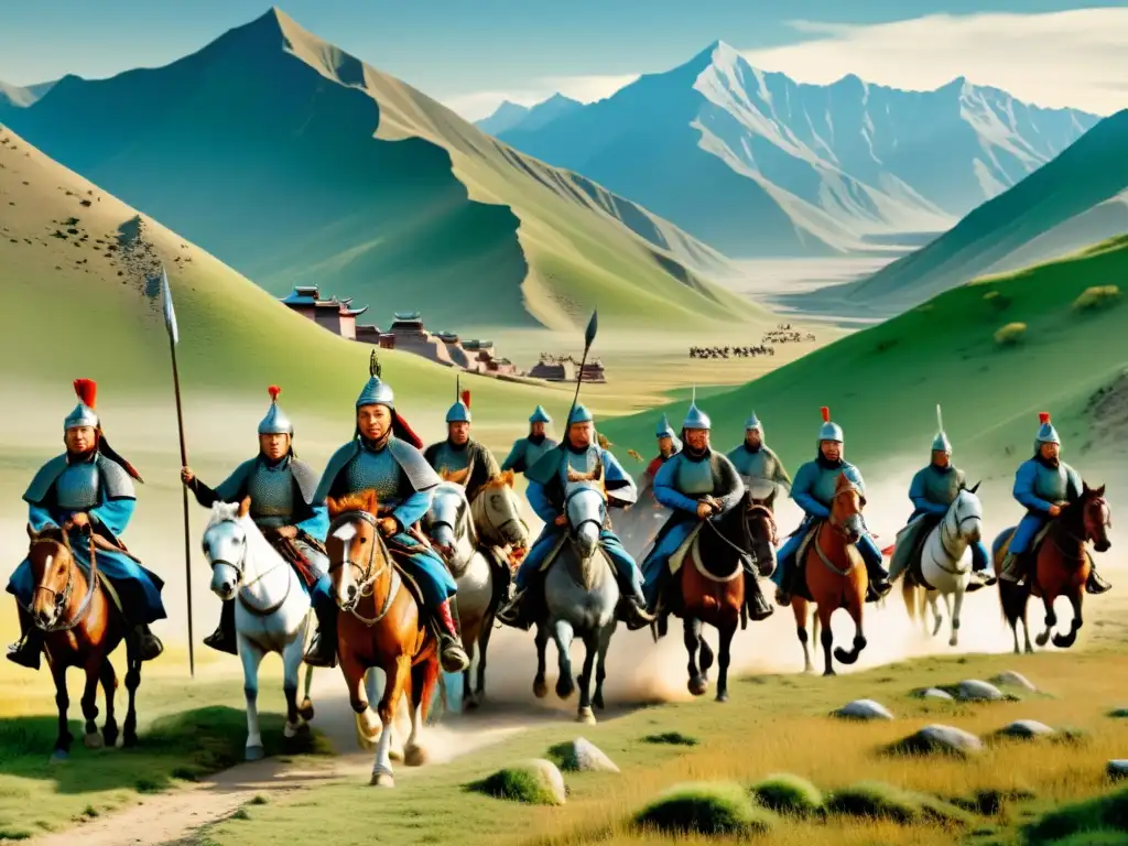 Invasión mongol en India: Ilustración detallada de la intensa batalla Ilustración detallada de una invasión mongol en India, con soldados a caballo y paisaje montañoso